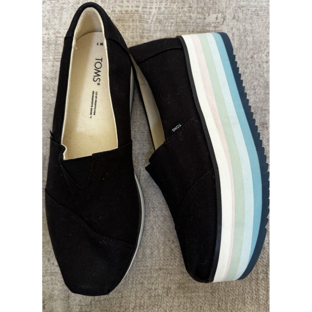 EUC TOMS Alpargata Platform Slip On Shoes Womens Sz 7 Black Canvas Pastel Stripe